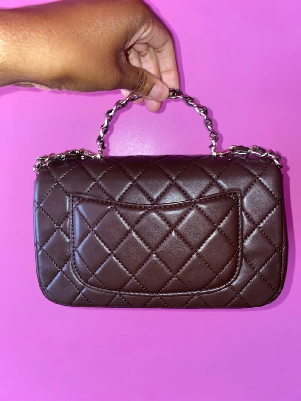 Quilted Top-Handle Crossbody Bag in Dark Brown with Chain Strap - Picture 3 of 4